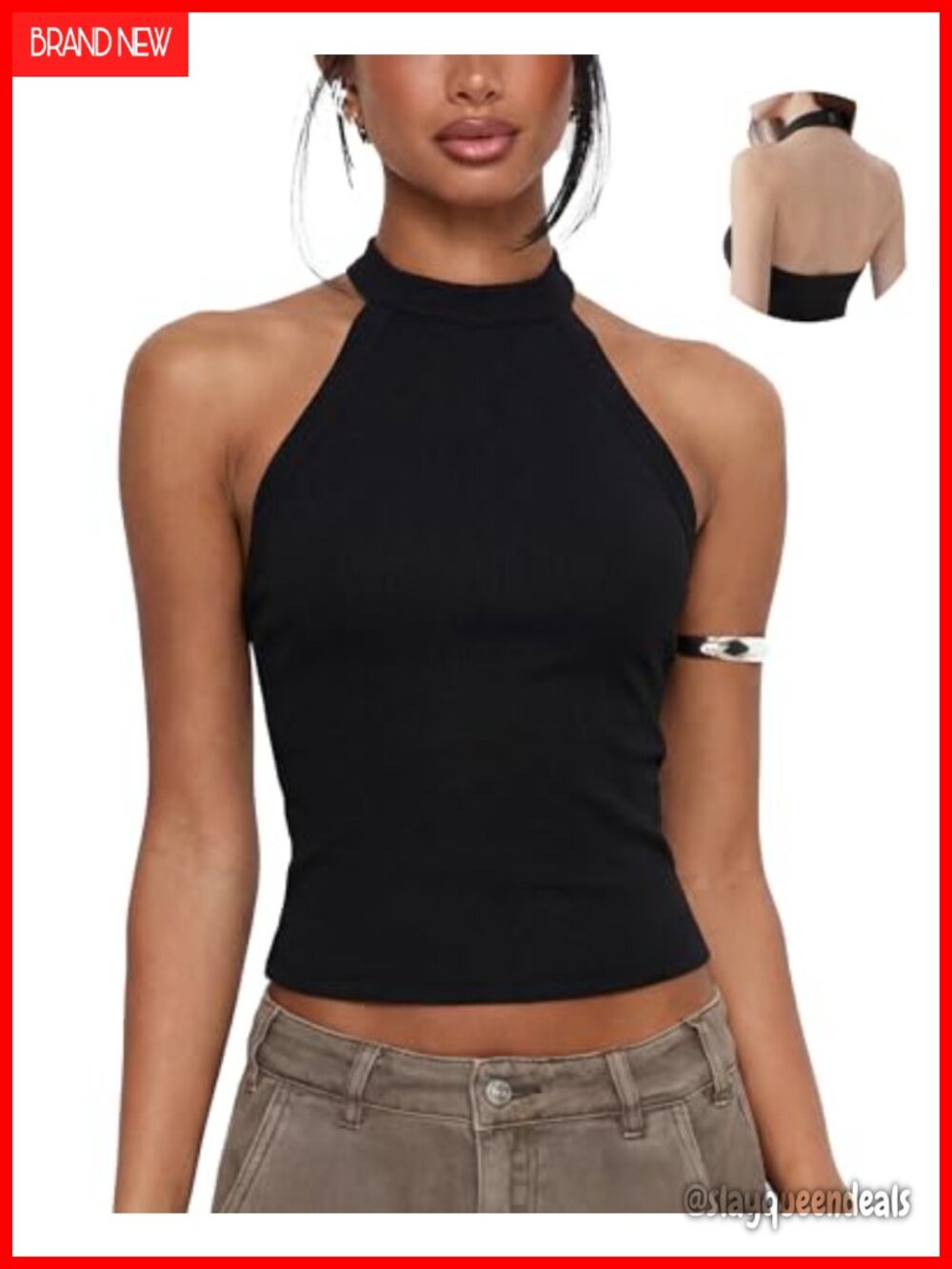 Halter Top with Built in Bra Open Back High Neck Ribbed Tank Top